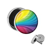 Treuheld | Ohrstecker zum Schrauben - bunter REGENBOGEN - Motiv Fake-Plug Ø 10mm Silber - Edel-Stahl Ohr-Ringe - Chirurgen-Stahl 316L Fake-Tunnel - Gewinde Ohr-Stecker - Raibow - rot, grün, blau, gelb