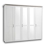 LUCA Eleganter Kleiderschrank im Landhausstil 5-türig - Vielseitiger Drehtürenschrank mit drei Spiegeltüren in Pinie Weiß / Trüffel - 241 x 212 x 62 cm (B/H/T)