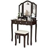 ffshop Make-up-Eitelkeit Möbel-Retro-Schlafzimmer-Eitelkeit-Tabellen-Set mit 5 Schubladen, dämpfter Hocker und dreiklapper Spiegel-Eitelkeit Makeup-Dressing-Tisch Schmink