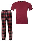 ThreadMills Herren Pyjama-Sets, karierter Pyjama für Herren Nachtwäsche – Baumwolle T-Shirt mit kurzen Ärmeln, Rundhalsausschnitt & gewebter Pyjama für Herren Pjs Set, Burgund1, XS