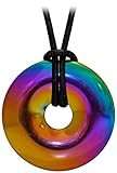 Kaltner Präsente Geschenkidee - Lederkette für Damen und Herren mit Edelstein Donut Anhänger Hämatit Regenbogen bedampft (Ø 30 mm)