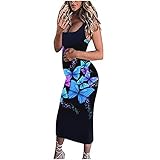 STOREYH Damen Retro Umstandskleid Umstandsmode Sommer Ärmellos Schwangerschaftskleid Schmetterling Drucken Cocktailkleider Strandkleid Lässige U-Ausschnitt Bodycon Minik