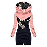 Zilosconcy Damen Übergangsjacke Lang Sweatjacke mit Kapuzen Leicht Gefüttert Jacke Patchwork Langarm Mantel Hoodie Casual Kapuzenpullover, Mode Stern Sweatshirt für Damen Outdoorjacken Herb