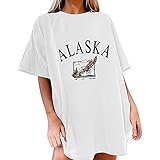 Damen T-Shirt Sommer Kurzarm Grafikdruck Shirt Tunika Oversized Mode Lose Rundhals Buchstaben Longshirt Frauen Vintage Bluse Oberteile Lang Tops für Teenager M