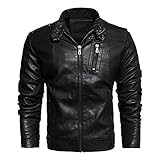 HOURVNEI Herren Motorradjacke Herbst Winter Kunstleder Jacken Casual Stickerei Biker Mantel Reißverschluss Fleece, Schwarz 05, XXL