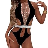 Damen Sexy Durchsichtiger Strass Einteiler Badeanzug Neckholder Mesh Hollow Out High Cut Bauchweg Bikini Badeanzug - Schwarz - M