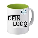 Werbetasse mit Logo | Kaffeetassen mit Logo bedrucken, Tasse mit Logo in kleiner Auflage günstig bestellen, Spülmaschinen- und Mikrowellenfest, 300ml Füllmenge (Hellgrün, Panorama)