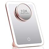 Fancii Tragbarer LED Schminkspiegel, Reisespiegel mit Licht, 3 Farbeinstellungen und 10 Fach Vergrößerungsspiegel, Beleuchteter Make-Up Spiegel mit Beleuchtung, Berührungssensor - Aura Go (Roségold)