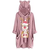 KUDICO Damen Hoodies Sweatshirt Pullover Weihnachten Damen Langarm Print Katzenohren Kapuzenshirt Tunika Top Blusen Gr. 42, Pink3