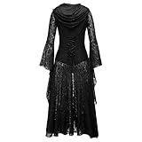 LOPILY Kostüme Damen Mittelalter Spitze Kleider Damen Halloween Kostüm Damen Gothic Langer Umhang Vintage Cosplay Kleider Kanerval Lolita Damen Retro Fashingskostümee (Schwarz, 36)