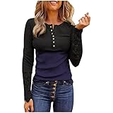 Langarmshirt Damen V-Ausschnitt mit Reversnähten Spitze Tee Tops Bluse Lange Ärmel Langarmshirt Pullover Oberteil Tops Herbst Freizeit T-Shirt Bluse Casual Bequem Teenager Pulli Sportbekleidung