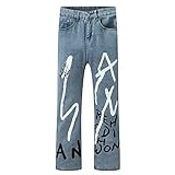 Jeans Herren High Waist Baggy Straight Pants Graffiti Gerade Jeanshose Loose Wide Leg Pants Y2K Style Harajuku Straight-Fit Jeans Loose Casual Denim Pants Flare Bleistift-Jeanshose(Blau,XXL)