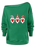 Vialogry Damen-Weihnachtssweatshirt, Cartoon-Druck, schulterfrei, langer, ärmelloser Pullover, grün, 46