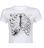 Damen Y2K Graphic Print Crop Top Punk Skelett Print T Shirt Harajuku Ästhetisches E-Girls 90er Jahre Gothic Kurzarm T-Shirt Streetwear, Casual, L