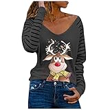 HHOP Weihnachten Oversize Bluse Damen Sommerblusen Tunika Damen Oversized Tshirt Damen Vintage Damen Sweatshirt Langarm leinenhemd Damen Sommer Pullover Damen Langarmshirt v Ausschnitt D