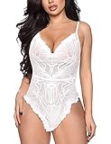 EVELIFE Damen Sexy Dessous Spitze Bodysuit Einteiler Teddy Dessous Bodysuit Druckknopf Schritt Unterwäsche, weiß, 42