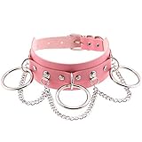 Jinqian PU-Lederhalsband Halsfessel Kette O-Ring Kette Schlüsselbein Kette Hals Nacken Ärmel erotische Lederhalsfessel für Frauen, Kettenhalsband mit drei Metallringen und Kette (Pink)