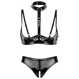 Kaerm Damen Wetlook Ouvert Dessous Set Lack Leder Hebe BH Offene Brüste Cups Push Up High Cut Thong Bikini Bikinihose Sting Sexy Offen Reizwäsche Schwarz B S