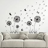 KAIRNE 67 Stück Schwarz Wandtattoo Löwenzahn,Groß Blumen Wandaufkleber Wohnzimmer,Wandsticker Pusteblume für Kinderzimmer Mädchen,Schmetterling und Pflanzen Blumen Wandtattoo für Schlafzimmer Wanddek