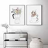 THTHTH Blume Kaffeemaschine Poster und Druck Kaffee Zitate Leinwand Malerei Moderne Minimalistische Wandkunst Für Küche Wohnkultur Bilder 50x70cm x2 Kein R