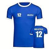 VIMAVERTRIEB® Herren T-Shirt Ringer Bielefeld - Trikot Nr. 12 - Druck:weiß - Shirt Männer Fußball Fanshop Fanartikel - Größe:2XL blau/weiß