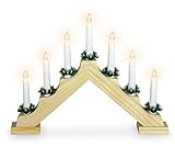 Holz Schwibbogen mit 7 LED Kerzen und Timer - 39,5 x 31 cm - Batterie Adventsleuchter Lichterbogen Kerzenbrücke Fenster Dek