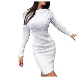 HSKcim Damen Pullover Stretch Pulloverkleid Elegant Strickkleid Casual Strickpullover Strickkleider Winterkleid Langarm Pullikleid Tunika Kleid Tops Weihnachtskleid Sweaterkleid (White, XL)