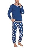 Ekouaer Schlafanzug Herren lang Pyjama Set Langarm Zweiteiliger Nachtwäsche Weinachten Freizeitanzug Schlafshirt kariert Schlafanzughose mit Taschen Winter Hausanzug für Männer Blau L