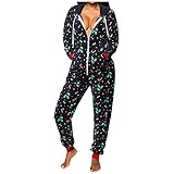 Jumpsuit Damen Overall Winter Kuscheliger Hausanzug One Piece Pyjamas Santa-Muster drucken Weihnachten Einteiler Schlafanzug Strampler mit Kapuze und Reiß