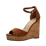 REDTOP Damen Plateau Sandalen Keilabsatz Knöchelriemen Offene Zehen Sandalen Sommer High Heel Sandalen, (taupe), 42 EU