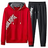 Herren 2 Stück Trainingsanzug Langarm Brief Gedruckt Kapuzenpullover Sweatshirts Pullover Tops & Hosen Outfits Casual Sportanzüge, rot, 56