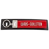 Depesche 4298-023 Schlaufen Schlüsselanhänger aus Filz, mit graviertem Metallabschluss und kultigem Aufdruck, Luxus-Schlitten, rot, ca. 18,7 x 4,4 x 1