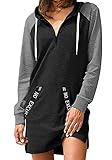 Minetom Damen Hoodie Kleid Pullover Langarm Buchstabenmuster Sweatshirts Kapuzenpullover Tops Herbst Mini Kleid D Schwarz 36