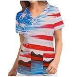 Fanxing Kasack Damen Pflege Kurzarm V-Neck Mischgewebe Kasack Damen Pflege mit Liebe Motiv Bunt Arzt Uniform Krankenpfleger Uniformen mit T