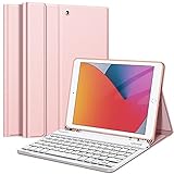 Fintie Tastatur Hülle für iPad 10.2 Zoll (9/8/ 7 Generation - 2021/2020/2019), Soft TPU Rückseite Gehäuse Schutzhülle mit Pencil Halter, magnetisch Abnehmbarer Tastatur mit QWERTZ Layout, Roség
