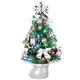SHareconn 50 cm Künstlicher Tisch-Mini-Weihnachtsbaum mit Warmweißen und Mehrfarbigen Lichtern und Kleinen Roten Ornamenten, Perfekte Weihnachtsdekoration für Tisch und Schreibtisch, Silb