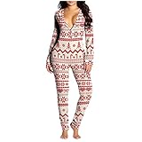 Weihnachts Jumpsuit Schlafanzug Damen Herren, Einteiliger Schlafanzug mit Geknöpfter Klappe für Erwachsene, Overall Pyjama Set Sleepwear für Herbst Winter Langarm Nachtw