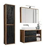 Lomadox Badmöbel Komplett Set Eiche mit Beton dunkel, 100 cm Waschtisch-Unterschrank, 61 cm Keramik-Waschbecken weiß, LED-Spiegelschrank, Hochschrank, B/H/T 160/200/46