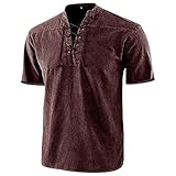 Herren Baumwolle Leinenhemd Hemd V-Ausschnit mit Korderzug Retro Langarm/Kurzarm Atmungsaktiv Bequem Sommerhemd Einfarbig Regular Fit Freizeithemd Shirts Sommer Draussen Atmungsaktiv Sonnenschutz Top