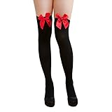 Oblique-Unique® Sexy Strumpfhose -halterlos- Overknee Strümpfe - Party Kostüm Fasching Karneval (Overknee Schleife schwarz/rot)