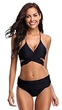 SHEKINI Damen Dunkle Farbe Geteilter Badeanzug Push Up Bikini Set Neckholder Bikini Oberteil Mit High Waist Bikini Bottom Damen Badeanzug Sport Zweiteiliger Badeanzug (M, Schwarz)