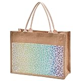 Natürliche Jute-Tragetaschen mit Regenbogen-Leoparden-Motiv, Handtaschen mit Baumwollgriffen, wiederverwendbar, mit Reißverschluss, groß, Einkaufsgeschenk, Lunchtasche, braun, S