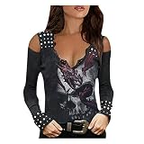 XOXSION Damen Gotisch Oberteile,Halloween Sommer T-Shirt Totenkopf Gedruckt Hemd Cooles Schwarzes Bluse Slash Slit Tops Übergröße EIN Wort Kragen Trägerlos Mode Tunika(1A Schwarz,XXL)