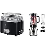 Russell Hobbs Toaster Retro schwarz, Retro Countdown-Anzeige, inkl. Brötchenaufsatz, 1300W, Vintage 21681-56 & Standmixer Glas Steel 2-in-1, inkl. To-Go-Becher & Deckel, 1.5l Glasb