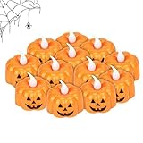 Herefun Kürbis Teelichter Kerzen, 12Pcs Halloween Kürbis Lichter Kürbis Kerzen Flammenlose, LED Flammenlose Kerzen Batteriebetriebene für Halloween Dekorationen, Hochzeit Party, Weihnachten (A)