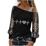 BRISEZZ Damen Sexy Bluse Mesh-Nähte One-Shoulder T-Shirt Dunkle Farbe Oberteil Frauen Saoris Lange Ärmel Paillettendruck Tops Frühling und Herbst Lässiges Langarmshirt(C,M)