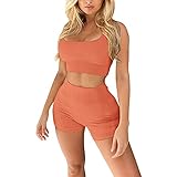 Beaufident Damen Workout Set Outfits Active 2 Stück Gerippte Nahtlose Yoga Leggings mit Gepolstertem Sport BH - Orange - M