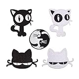Qduoduo 5 x exquisite und niedliche schwarze und weiße Katzenserie Cartoon Patch zum Aufnähen, bestickt für Jacken, Rucksäcke, Jeans und Kleidung Badge Applique Emblem Zeichen Aufkleb