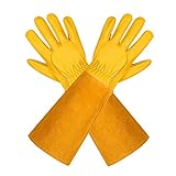 Gartenhandschuhe aus Leder für Damen und Herren – Isilila atmungsaktive Rosen-Handschuhe mit Dornschutzhandschuh, Lange Rindslederärmel, Gartenarbeitshandschuhe für Gärtner und Bauern, gelb
