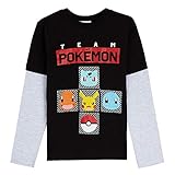 Pokémon Jungen-T-Shirt, schwarz und grau, langärmeliges T-Shirt mit Charakteren Pikachu Bulbasaur Charmander und Squirtle, Geschenke für Jungen Jugendliche Alter 3-13 Jahre, Schwarz , 11-12 J